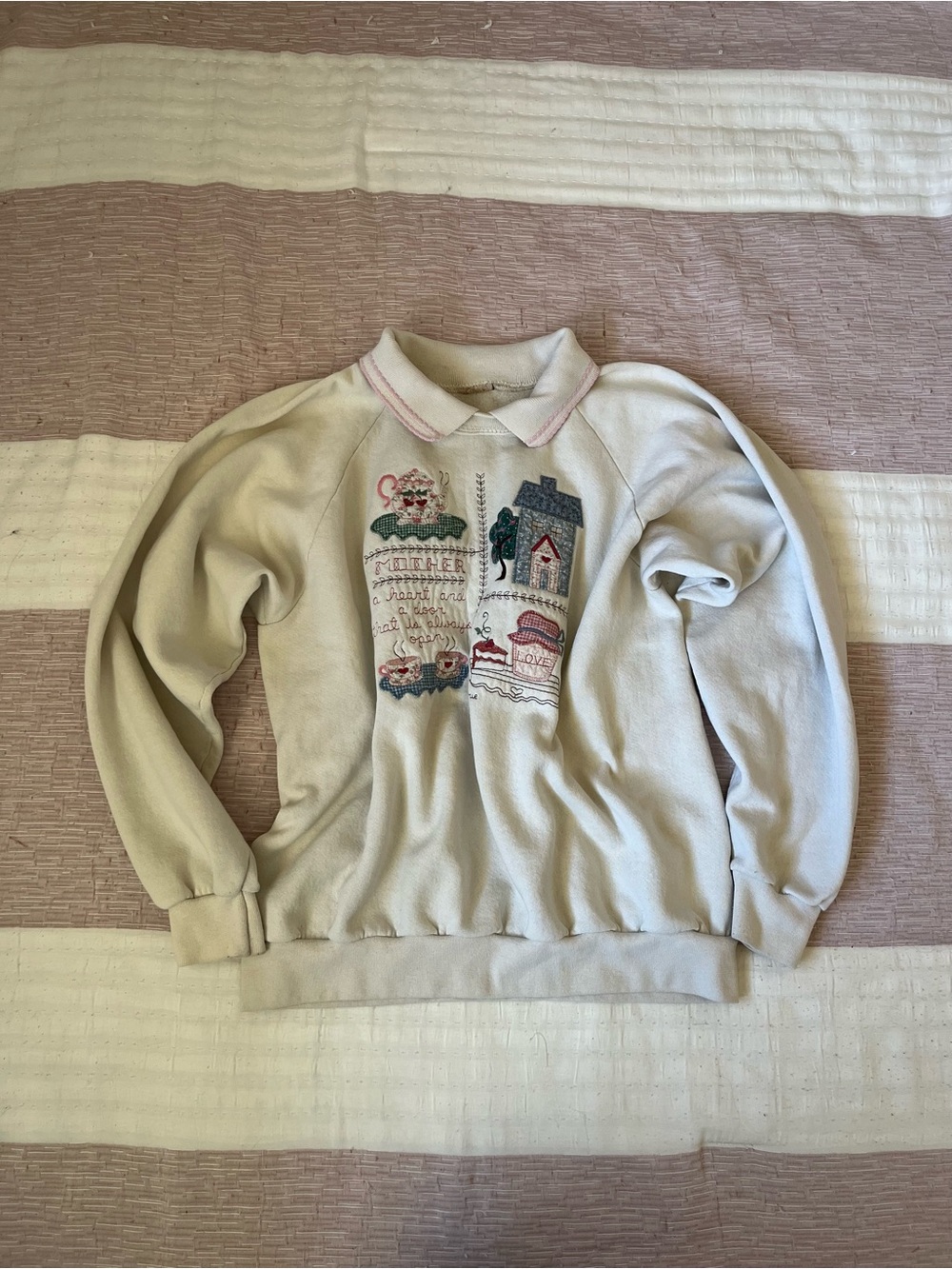 Vintage inspired Collared Coquette Embroidered Beige Cotton Sweatshirt
